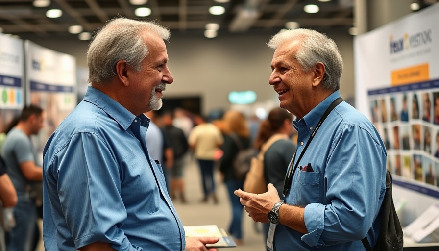 Senior man engages with attendee at Senior Health Expo.