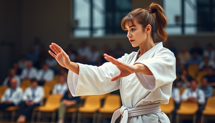 Karate lesson with a woman in white gi demonstrating a stance.