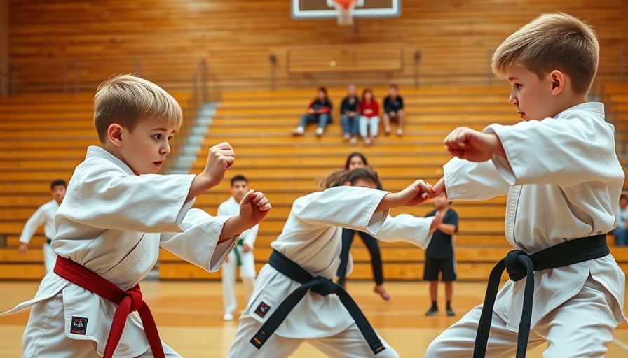 Young boys sparring in karate competition, Sault Ste Marie gymnasium.