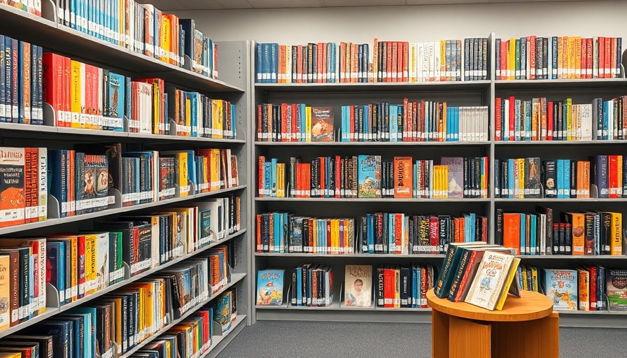 Library shelves with colorful junior fiction books in Muskegon.