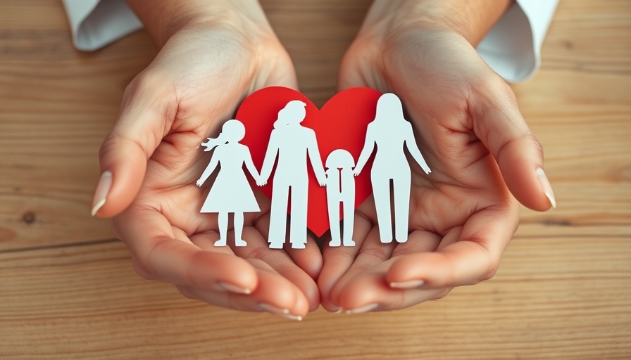 Hands protecting paper family with health heart symbol.