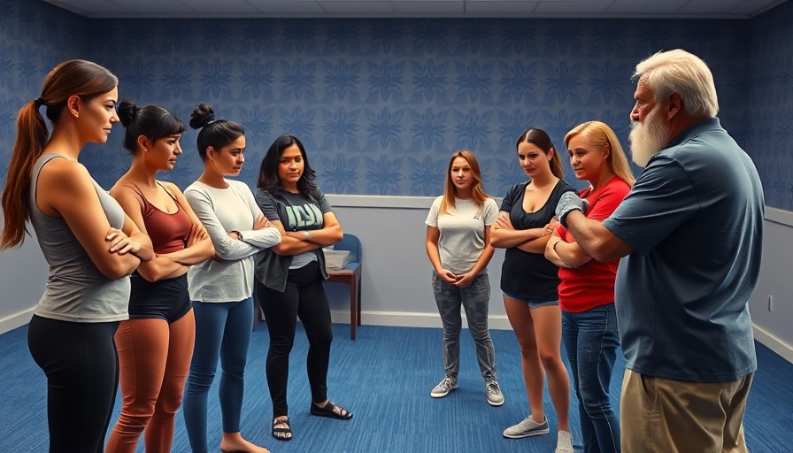 Women attentively standing in a self-defense class led by male instructor.