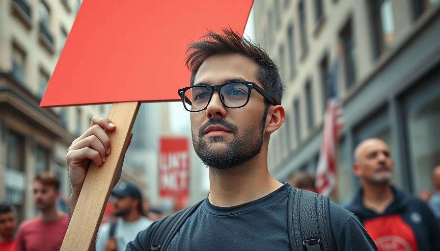 Protester with red sign downtown; Apply for Social Security in Muskegon.