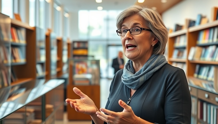 Woman discussing hip-hop as high art in a library setting.