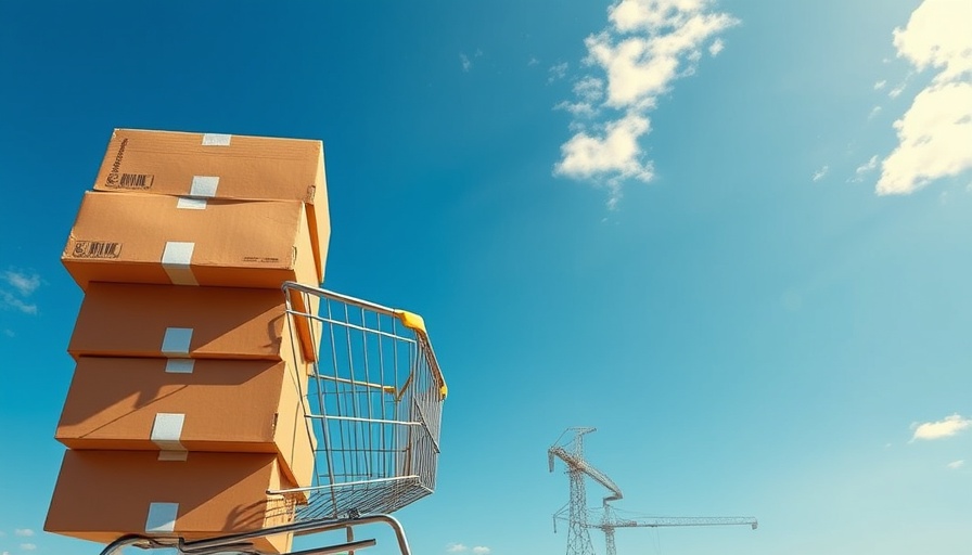 Shopping cart with boxes against a blue sky, illustrating impulse buying.