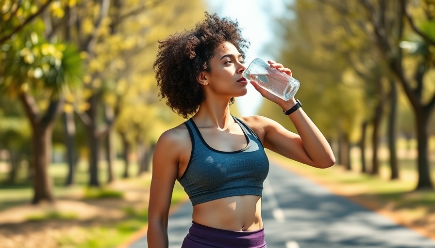 Athletic woman drinking water on a tree-lined path.