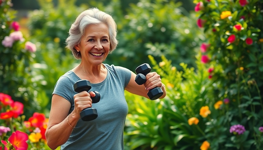 Senior woman exercising in a garden, promoting healthy living advice for senior women in Muskegon.