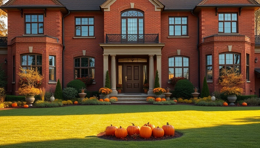 Traditional mansion with autumn decor and manicured lawn.
