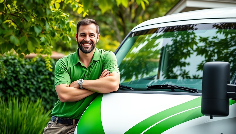 Smiling lawn care professional standing in front of a green and white van, autumn lawn care.