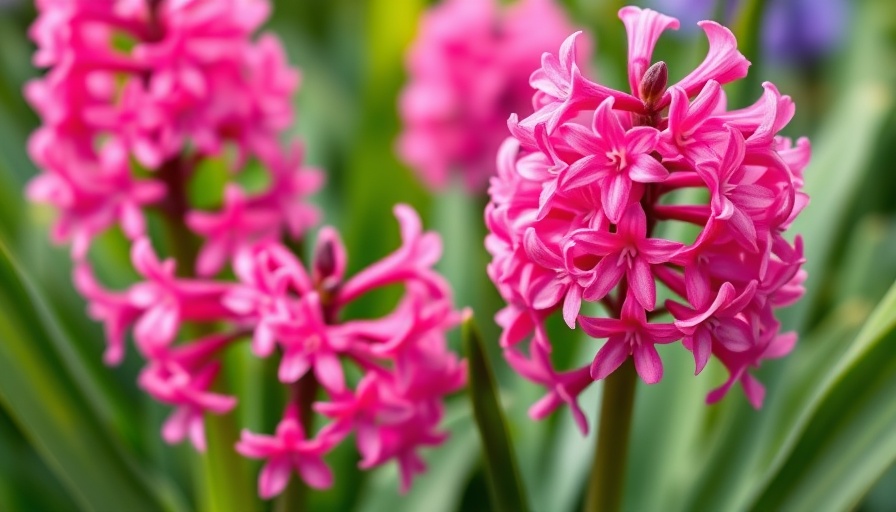 Vibrant pink hyacinths blooming in lush green garden, perennial bulbs to plant in October.