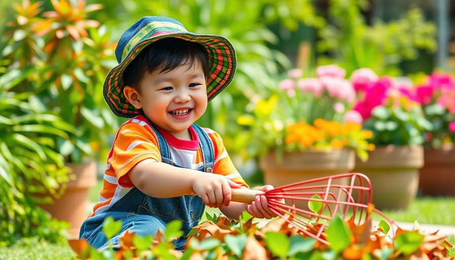 Child raking leaves in autumn garden for October gardening checklist for zones 3 through 5.