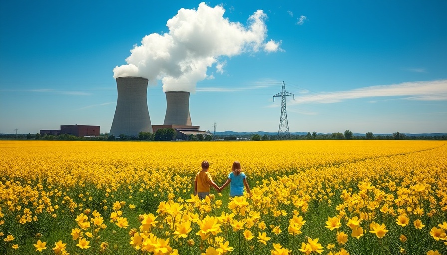 Constellation Energy Stock Surge depicted by nuclear plant and flower field.