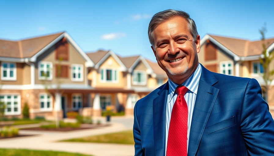 Businessman in blue suit smiling in front of senior living facilities