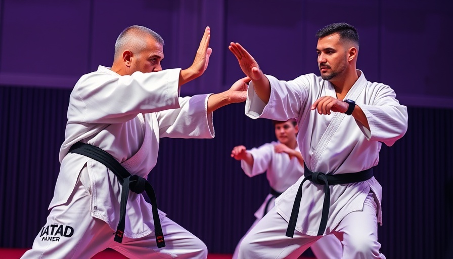 Okinawa Karate practitioners demonstrating kata on stage, intense focus.