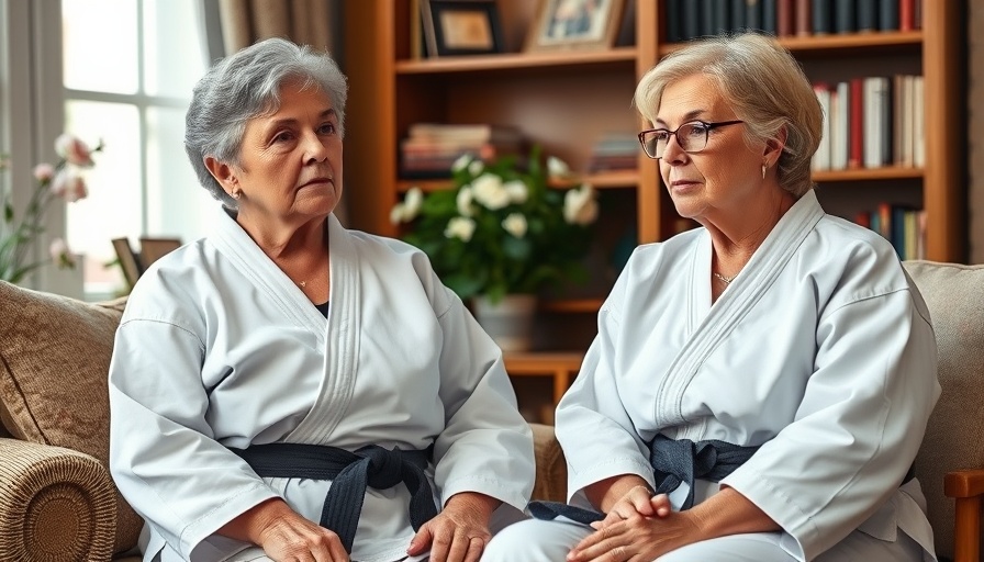 Older women awarded karate black belts at 79, seated in living room.