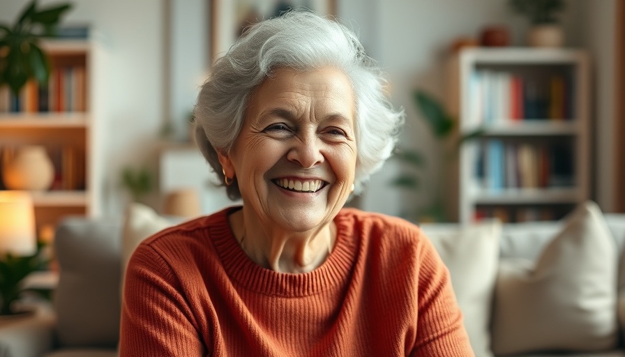 Joyful elderly woman smiling warmly indoors, low cost medical insurance Muskegon.