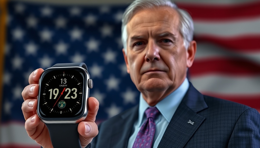 Digital smartwatch and older man's portrait with American flag.