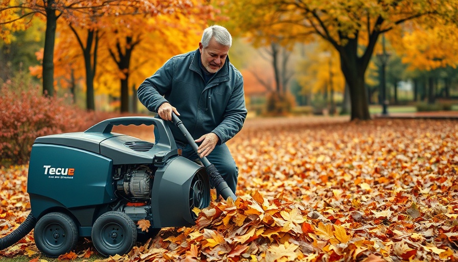 Man using commercial leaf vacuum in autumn park.