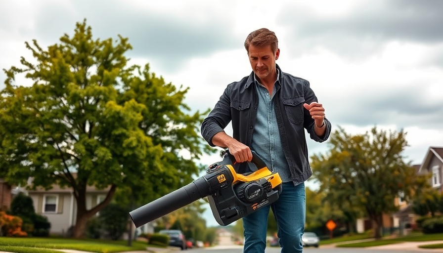 Man using EGO Power+ 56V handheld blower on street, cloudy sky.