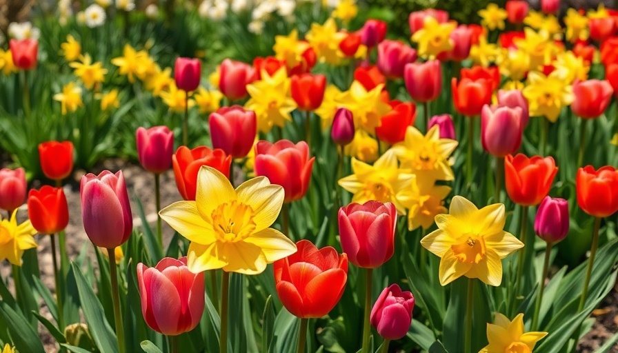 Companion plants for tulips and daffodils in a vibrant garden.