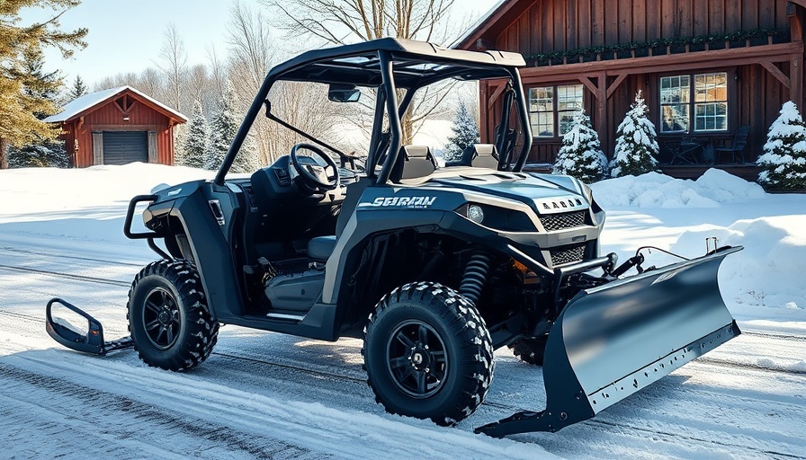 Black UTV with Ignite UTV/ATV Snow Blade on snowy driveway.
