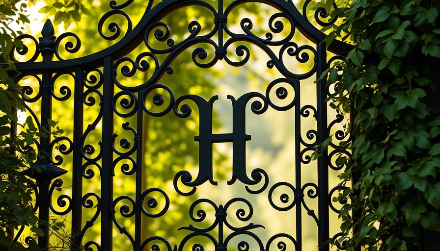 Detailed shot of ornamental wrought iron gate with letter H, representing academia.