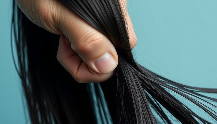 Close-up hand holding dark hair, expressive tension, photorealistic.