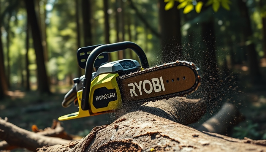 Ryobi chainsaw cutting tree branch in forest, highlighting top rated Ryobi power tools for tree trimming.