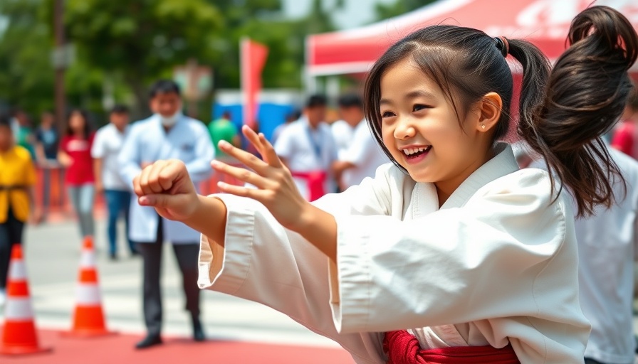 Young girl practicing kick at martial arts class in Gurnee outdoor event.