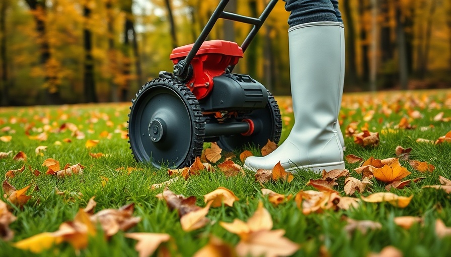 Lawn dethatching during autumn with fallen leaves.