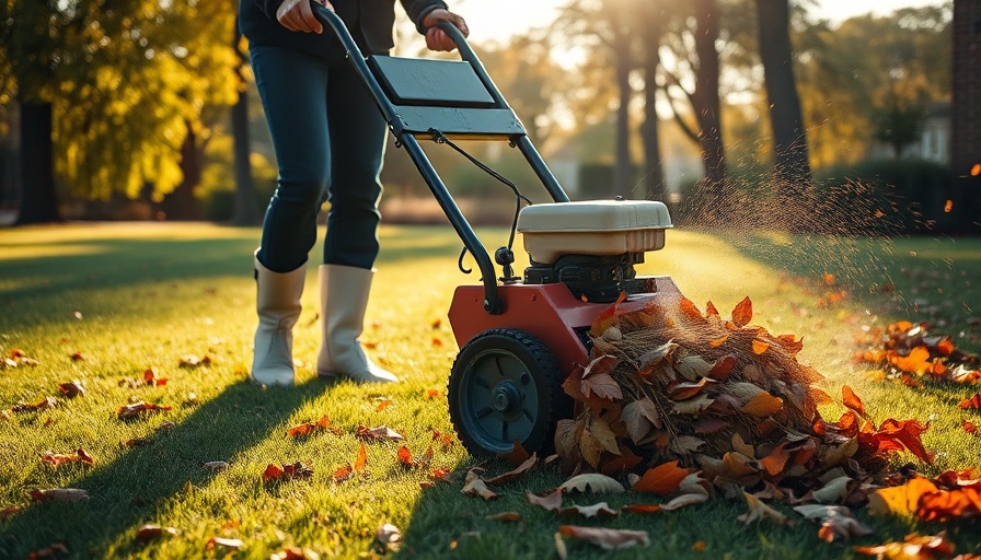 Person dethatching lawn with leaves on a sunny autumn day.