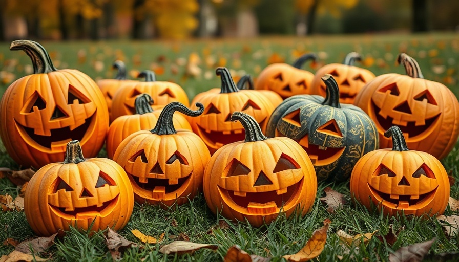 Variety of carved pumpkins in a park setting, best pumpkin varieties for carving.
