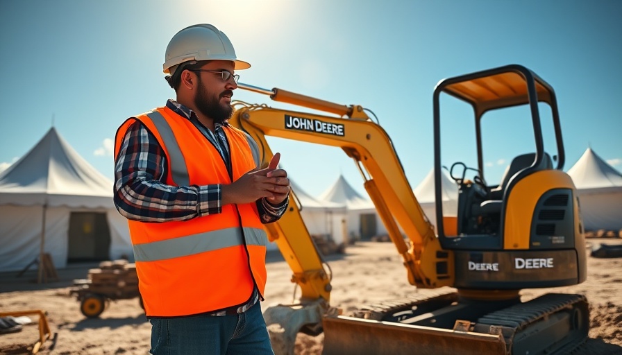Construction worker with John Deere Mini Excavator at a site.