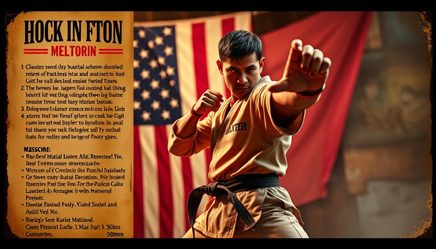 Vintage martial arts advertisement with a martial artist posing