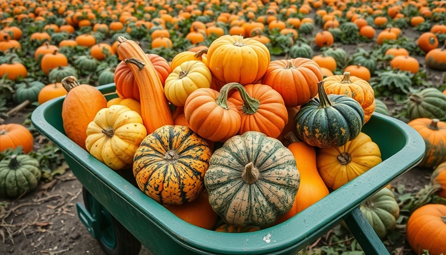 Green wheelbarrow filled with colorful winter squashes in pumpkin field.
