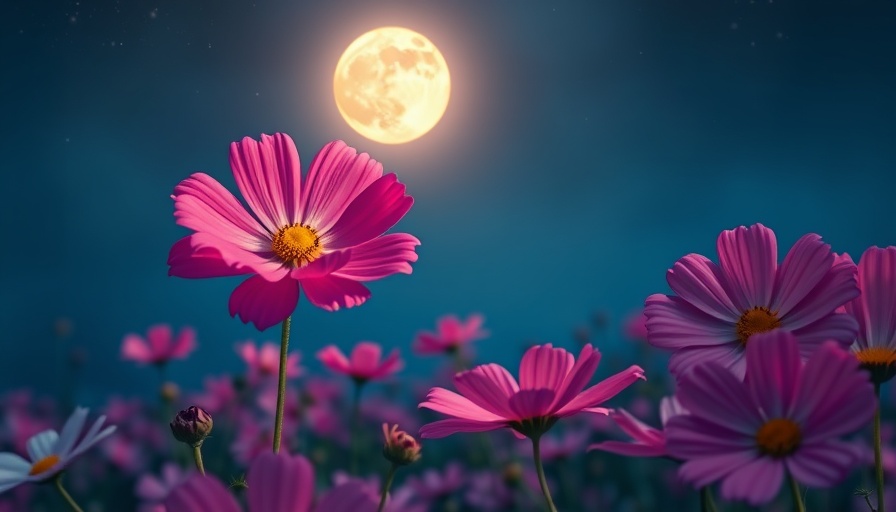 Moonlit flowers under a serene night sky, perfect for moon phase gardening.