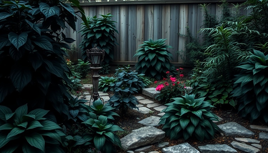 Lush Gothic-style garden with dark foliage, year-round appeal.