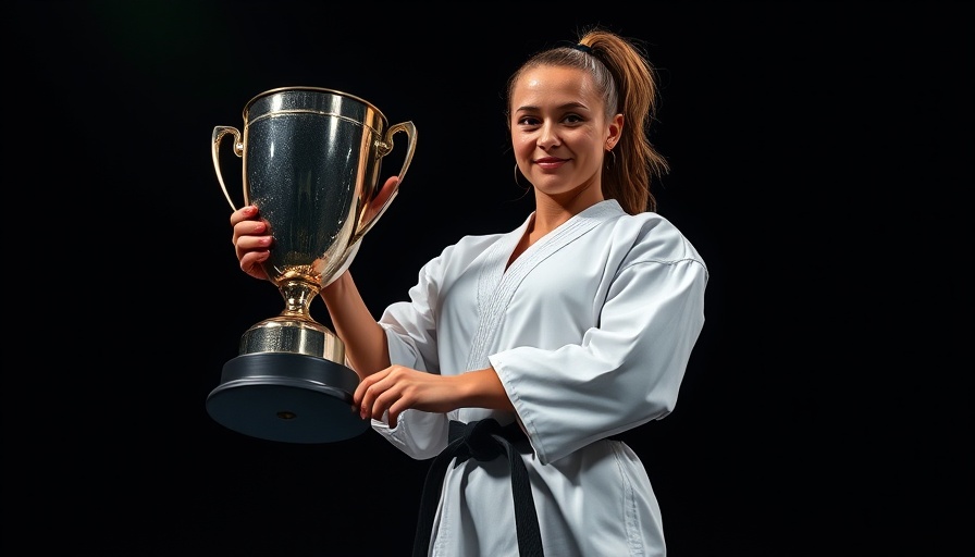 Karate champion holding trophy, framed with soft lighting.