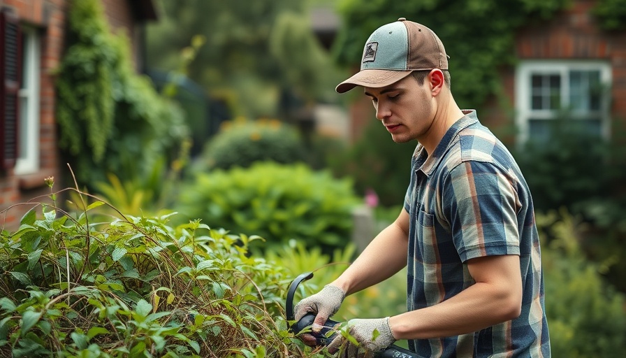 Man trimming overgrown garden beside brick house, Muck Boots partners with SB Mowing.
