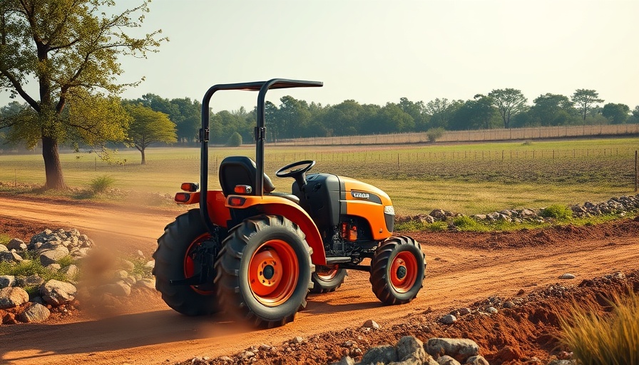 KIOTI tractor on dirt path showcasing new line of implements.