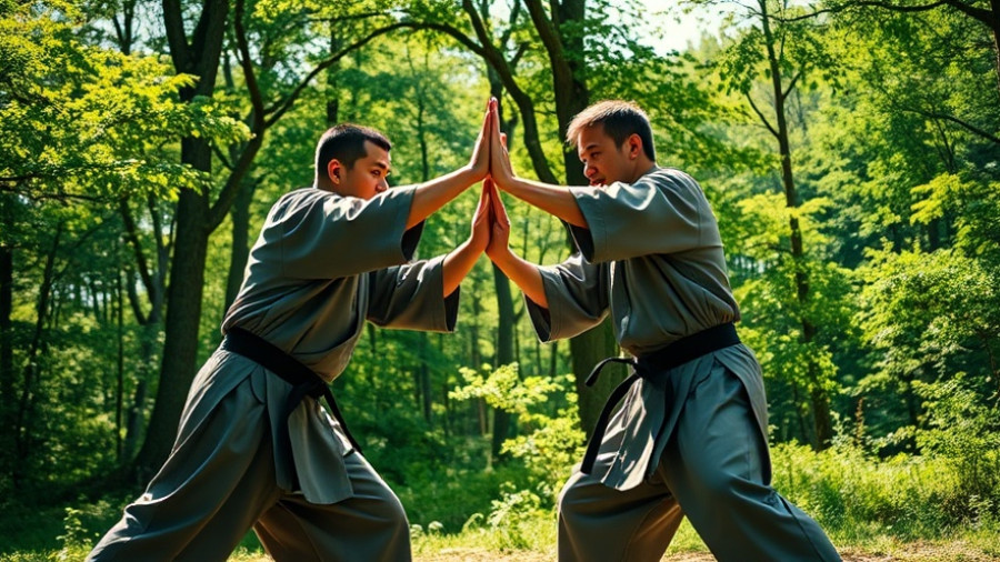 Martial artists practicing Renshusei training in a forest.