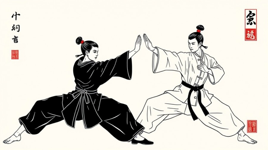 Bubishi martial arts traditional illustration with two practitioners.
