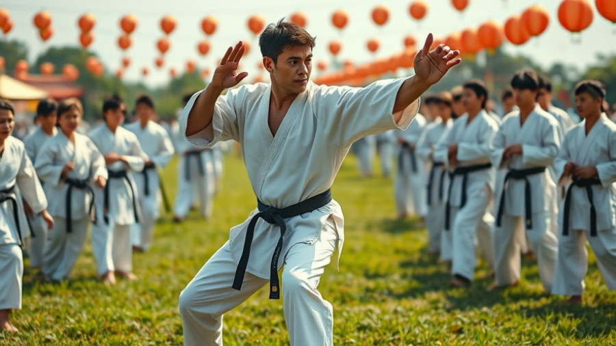 Experienced martial artist demonstrating kata at outdoor karate event.