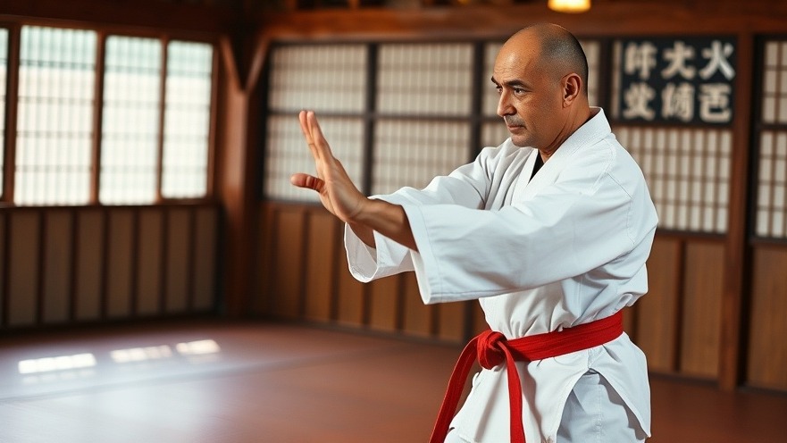 Okinawan Karate master showcasing traditional stance with focus in dojo