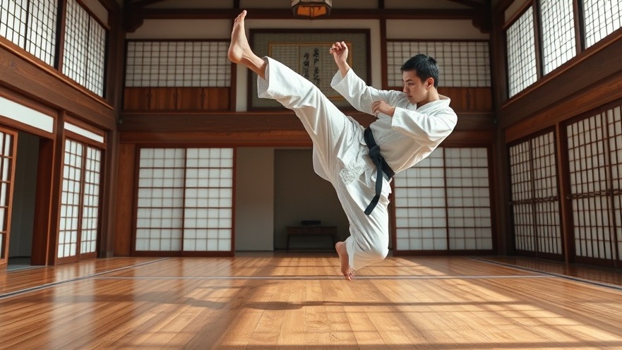 Martial artist in white gi performing high jump kick during holistic martial arts training in Gurnee.