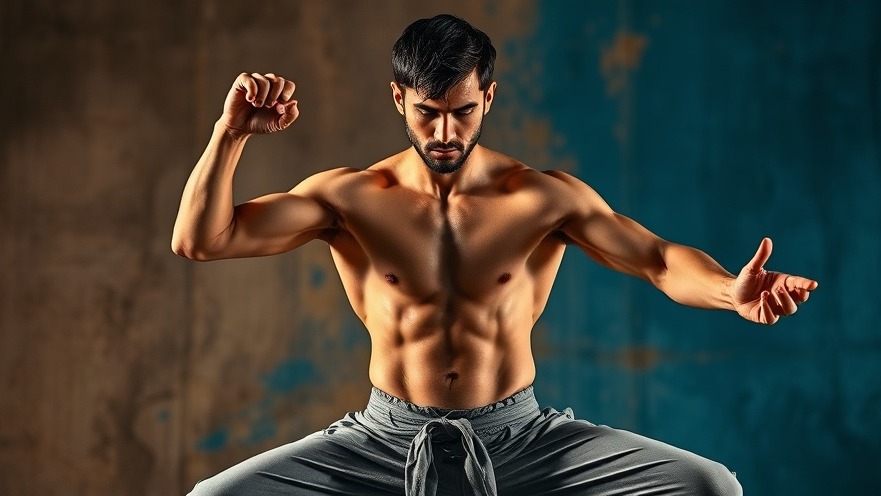Dynamic male martial artist in a warrior pose, showcasing meditation techniques for mental resilience.