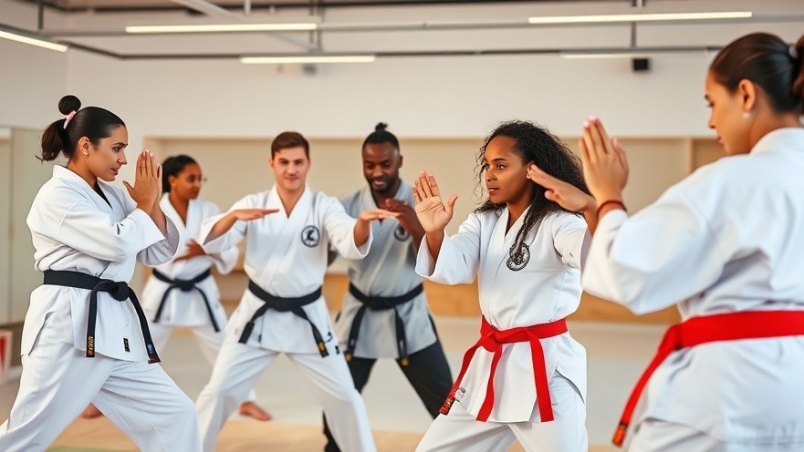 Empowering diverse group practicing karate self-defense in a bright dojo