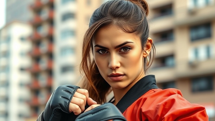 karate edge Focused woman in martial arts gear at self-defense classes Gurnee, intense outdoor scene.