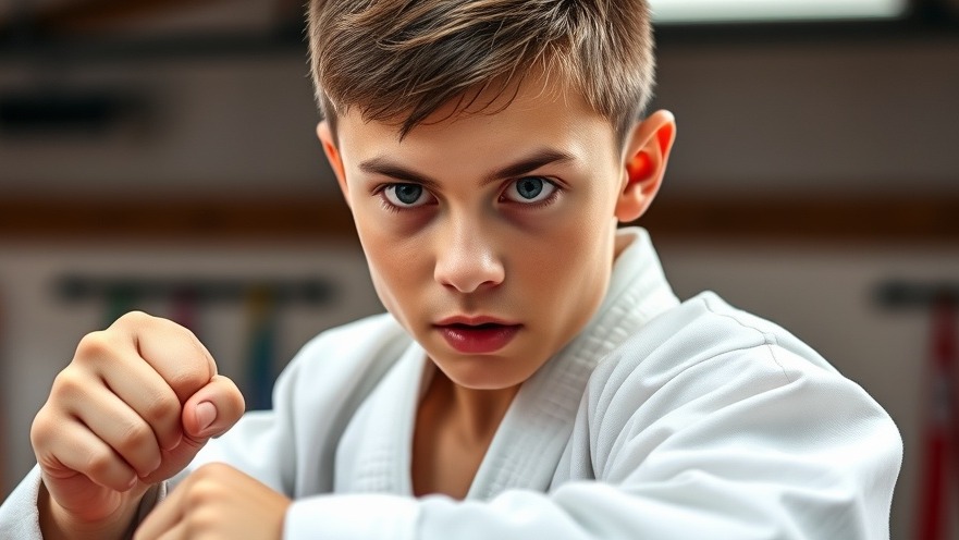 Focused young martial artist practicing Karate lessons in a colorful dojo.