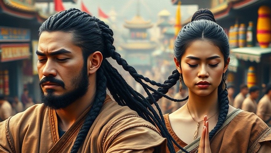 Dynamic warriors meditating in a colorful Asian city, embodying mental clarity in martial arts.